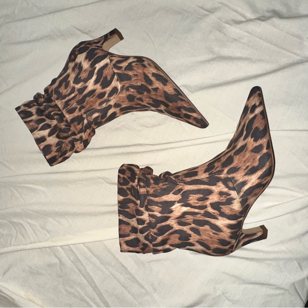 Kitten Heel Jessica Simpson Leopard Heeled Boots with Pointed Toe & Ruched Ankle - Picture 10 of 16